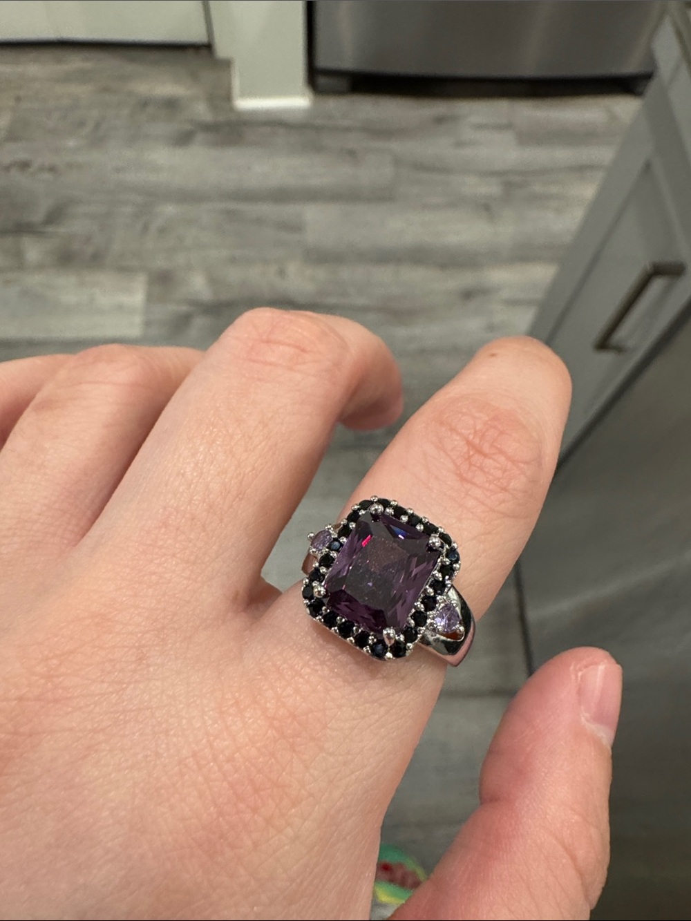 Purple & Black CZ Statement Ring Silver Tone Adjustable
